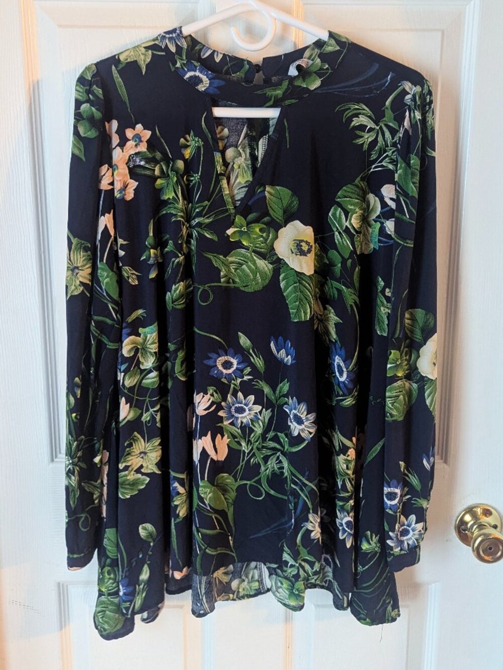 Meaneor long sleeve blouse in navy green and ivory -XL